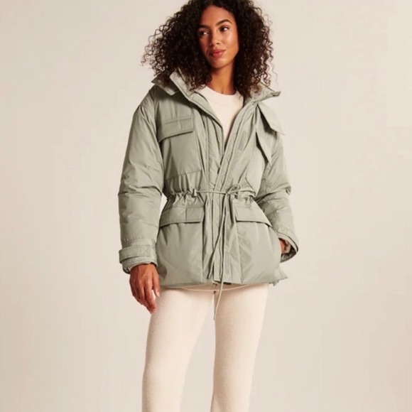 Abercrombie Fitch Womens Green Utility Parka Jacket Drawstring Waist Hooded - Picture 9 of 9